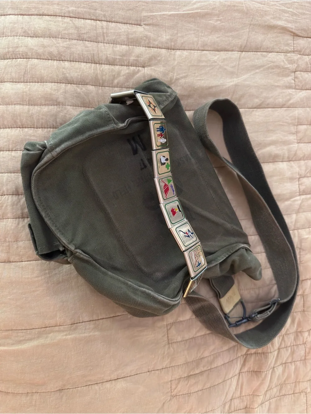 US Military Vintage M-17 Gas Mask Bag OG 107 w/ Boy Scout Belt and Brass Awards